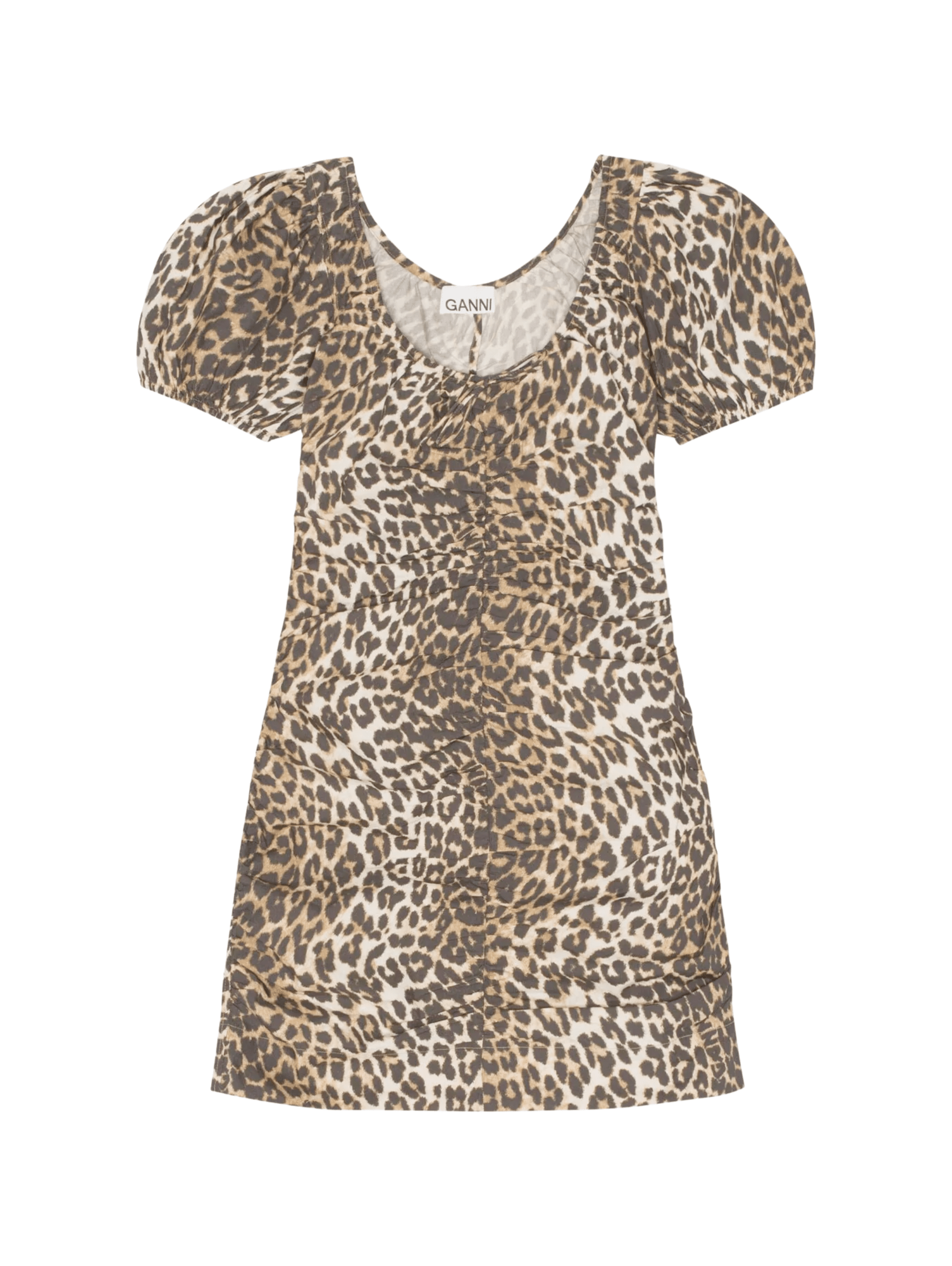 Printed Cotton Gathered U-neck Mini Dress / Big Leopard Almond Milk Womens GANNI 