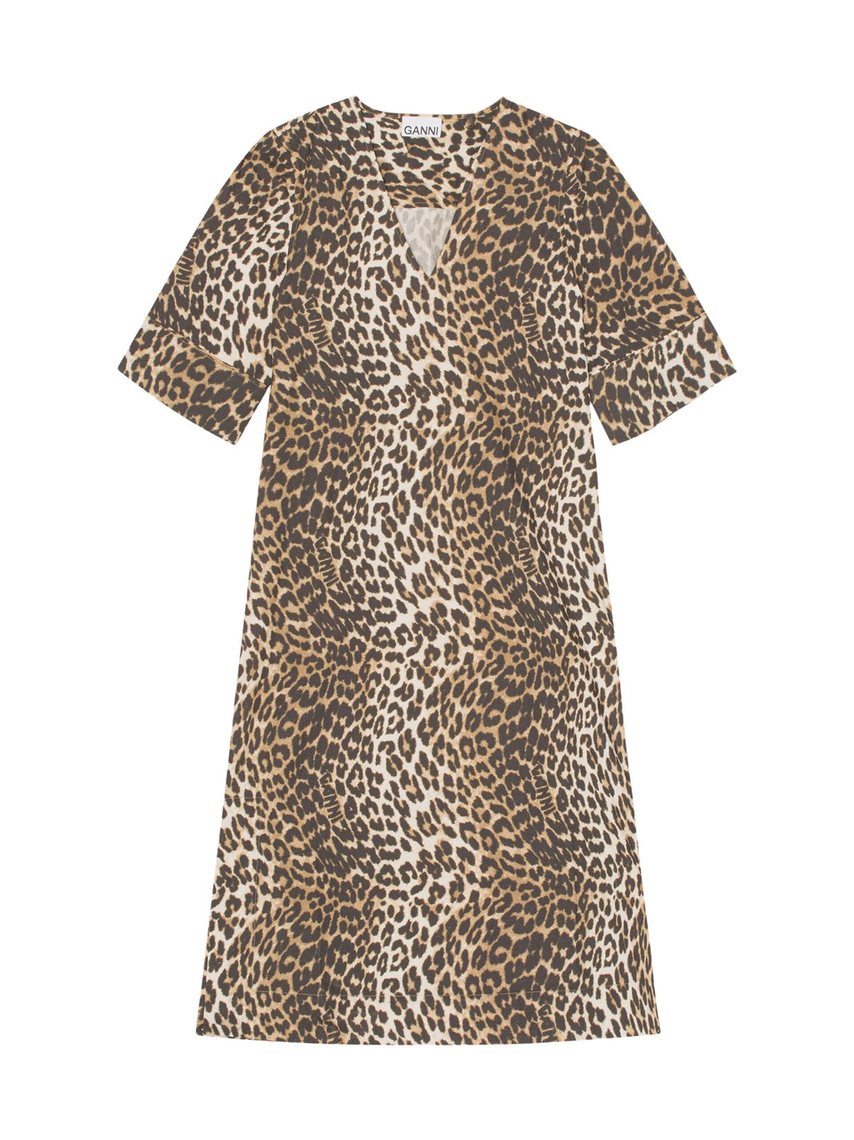 Printed Cotton Wide Midi Dress / Big Leopard Almond Milk Womens GANNI 