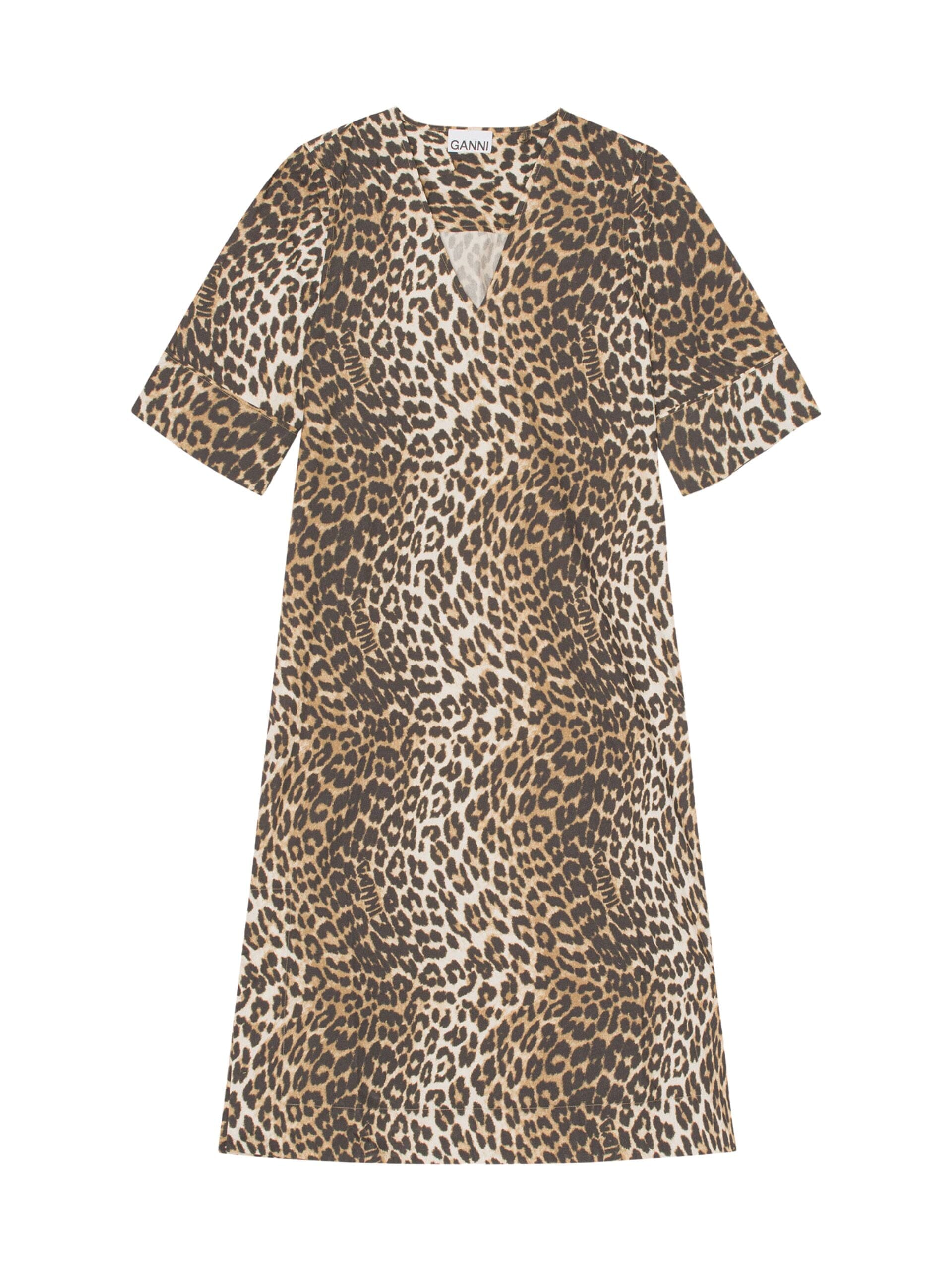 Printed Cotton Wide Midi Dress / Big Leopard Almond Milk Womens GANNI 